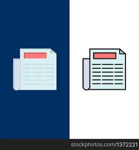 News, Paper, Document Icons. Flat and Line Filled Icon Set Vector Blue Background
