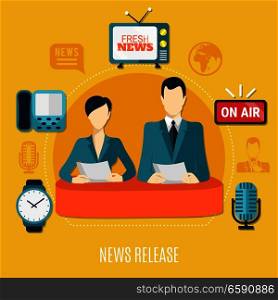 News release design composition with male and female television announcers reading news on air flat vector illustration. News Release Design Composition 