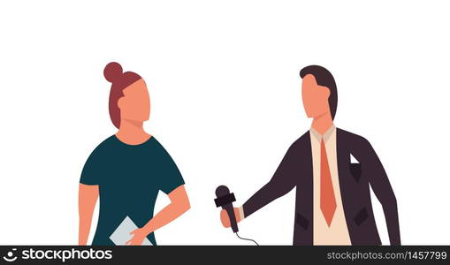 News reporter television illustration man with woman. Broadcasting communication journalist report media live. Interview with microphone newscaster banner. Channel paparazzi show video speech