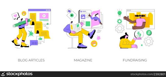 News source abstract concept vector illustration set. Our blog, magazine, fundraising, subscribe for publications, latest news, company website page, croudfounding, review article abstract metaphor.. News source abstract concept vector illustrations.