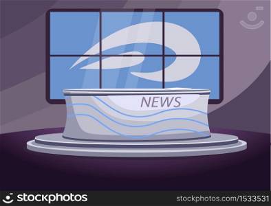 News studio flat color vector illustration. Empty newscast stage 2D cartoon interior with screens on background. Professional news anchor, newsreader workplace. TV channel broadcasting studio. News studio flat color vector illustration