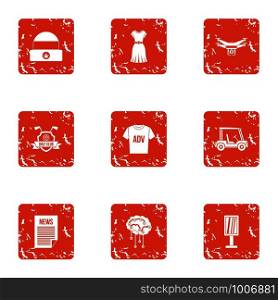 News team icons set. Grunge set of 9 news team vector icons for web isolated on white background. News team icons set, grunge style