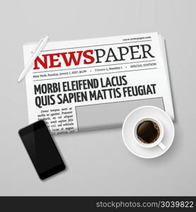 News vector concept with newspaper, pan, coffee cup and smartphone. News vector concept with newspaper, pan, coffee cup and smartphone. Morning and drink beverage illustration