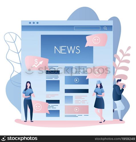News web page or mobile application and different people using smartphones,male and female characters in trendy simple style,vector illustration flat design