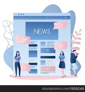 News web page or mobile application and different people using smartphones,male and female characters in trendy simple style,vector illustration flat design