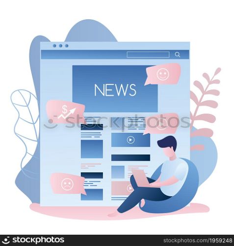 News web page or mobile application and hipster guy with laptop sitting on chair,male character in trendy simple style,vector illustration flat design