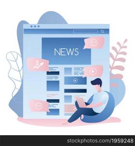 News web page or mobile application and hipster guy with laptop sitting on chair,male character in trendy simple style,vector illustration flat design