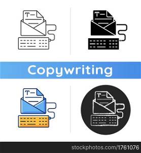 Newsletter copywriting icon. Copywriting services. Typewriting, typing with keyboard. Writing commercial text. Report publication. Linear black and RGB color styles. Isolated vector illustrations. Newsletter copywriting icon