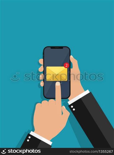 Newsletter on phone screen. Smartphone in hand with new email notification. Hand hold mobile, finger click on sms. Service of communication. Incoming, send envelope mail. Businessman concept. Vector.. Newsletter on phone screen. Smartphone in hand with new email notification. Hand hold mobile, finger click on sms. Service of communication. Incoming, send envelope mail. Businessman concept. Vector