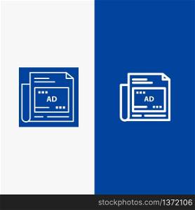 Newspaper, Ad, Paper, Headline Line and Glyph Solid icon Blue banner Line and Glyph Solid icon Blue banner