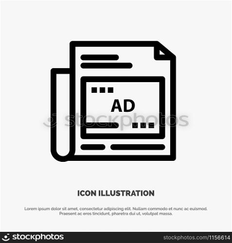 Newspaper, Ad, Paper, Headline Line Icon Vector