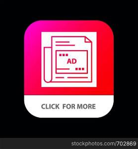 Newspaper, Ad, Paper, Headline Mobile App Button. Android and IOS Glyph Version