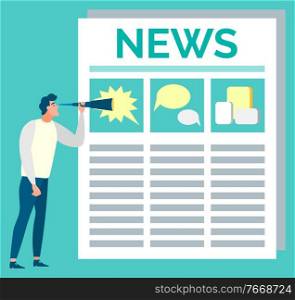 Newspaper broadcasting vector, isolated man looking at news with text and pictures. Article with headline, events in journal, publication for businessman. Man Looking at Newspaper Page with Pictures Vector