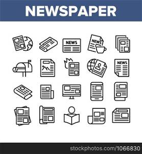 Newspaper Collection Elements Icons Set Vector Thin Line. Human Silhouette Reading Newspaper, World News And Press Article Concept Linear Pictograms. Monochrome Contour Illustrations. Newspaper Collection Elements Icons Set Vector