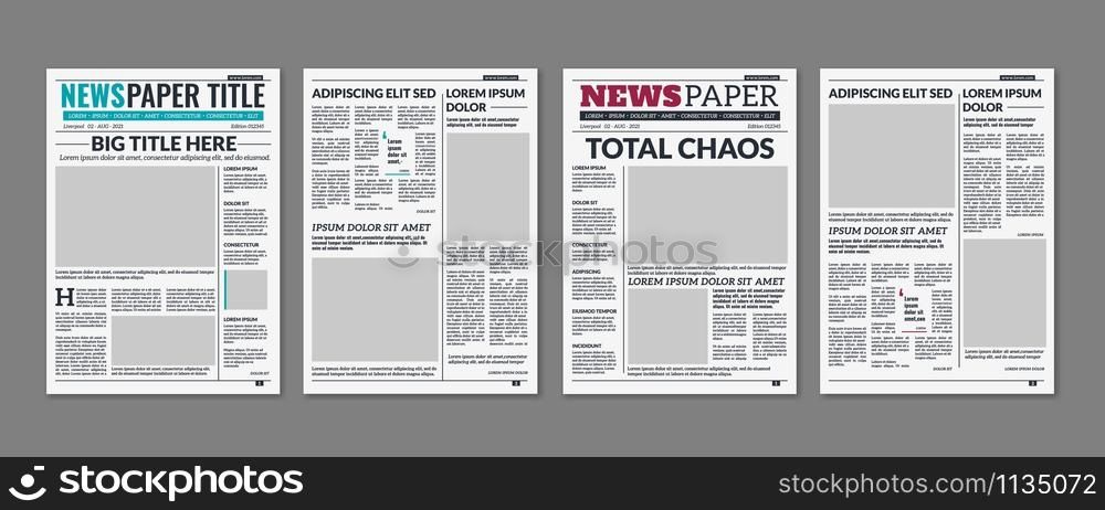 Newspaper column. Printed sheet of news paper with article text and headline publication design vector daily edition newsprint press templates. Newspaper column. Printed sheet of news paper with article text and headline publication design vector press templates