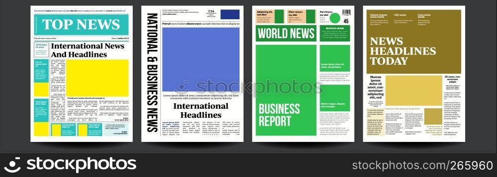 Newspaper Cover Set Vector. Paper Tabloid Design. Daily Headline World Business Economy And Technology. Text Articles, Images. World News Economy Headlines. Tabloid. Breaking. Illustration. Newspaper Cover Set Vector. Abstract News Template. Blank Page Spaces For Images. Breaking. Realistic Pages Template. Page Layout. Columns And Photos. Illustration