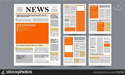 Newspaper Design Template Vector. Images, Articles, Business Information. Opening Editable Headlines Text Articles. Realistic Isolated Illustration. Newspaper Design Template Vector. Financial Articles, Advertising Business Information. World News Economy Headlines. Blank Spaces For Images. Isolated Illustration