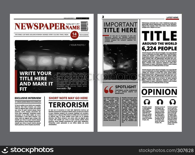 Newspaper front page with several columns and photos. Vector magazine cover. Layout design project newspaper with fresh news daily illustration. Newspaper front page with several columns and photos. Vector magazine cover. Layout design project