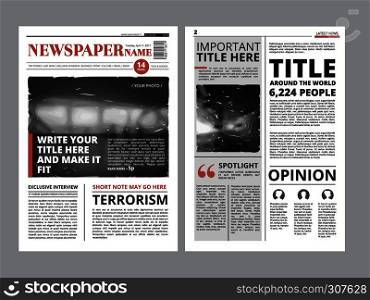 Newspaper front page with several columns and photos. Vector magazine cover. Layout design project newspaper with fresh news daily illustration. Newspaper front page with several columns and photos. Vector magazine cover. Layout design project