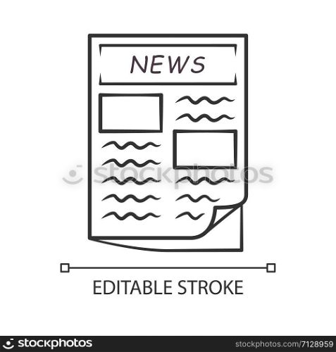 Newspaper linear icon. Periodical publication. Daily news journal article. First broadside of popular newspaper. Thin line illustration. Contour symbol. Vector isolated outline drawing Editable stroke