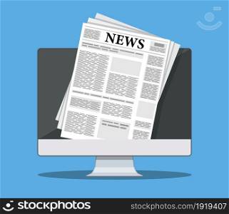 Newspaper on computer screen, pc display with world news magazine on electronic device. Vector illustration in flat style. Newspaper on computer screen
