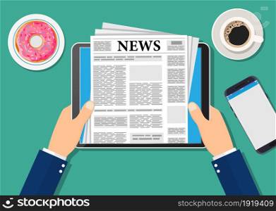 Newspaper on tablet, person hands reading world news magazine on electronic device,coffee break or lunch, business breakfast. Vector illustration in flat style. Newspaper on tablet