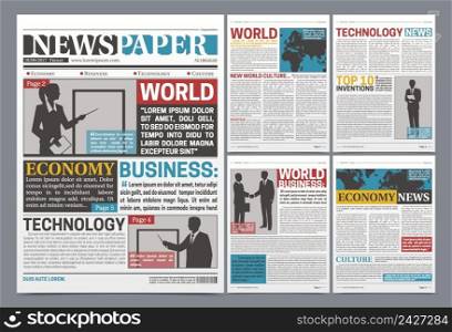 Newspaper online template design with world business economy and technology news headlines with silhouettes realistic vector illustration  . Newspaper Online Template Realistic Poster