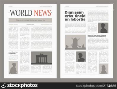 Newspaper pages. Brochure layout wireframes template magazine column with headlines garish vector set. Illustration newsprint and magazine column, brochure content. Newspaper pages. Brochure layout wireframes template magazine column with headlines garish vector set