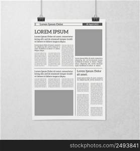 Newspaper sheet hanging on clips black and white minimalistic 3d realistic concept vector illustration. Hanging Newspaper Concept