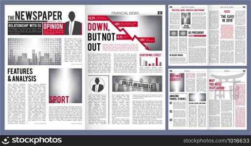 Newspaper template. Print design layout of newspaper cover headline and finance articles with place for text vector. Article press, information news, daily page illustration. Newspaper template. Print design layout of newspaper cover headline and finance articles with place for text vector