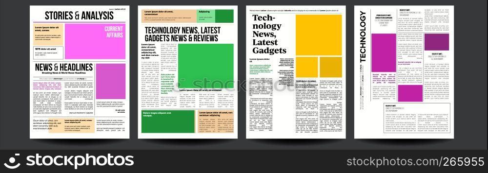 Newspaper Vector. Abstract News Template. Blank Page Spaces For Images. Breaking. Illustration. Newspaper Vector. With Text And Images. Daily Opening News Text Articles. Press Layout. Illustration
