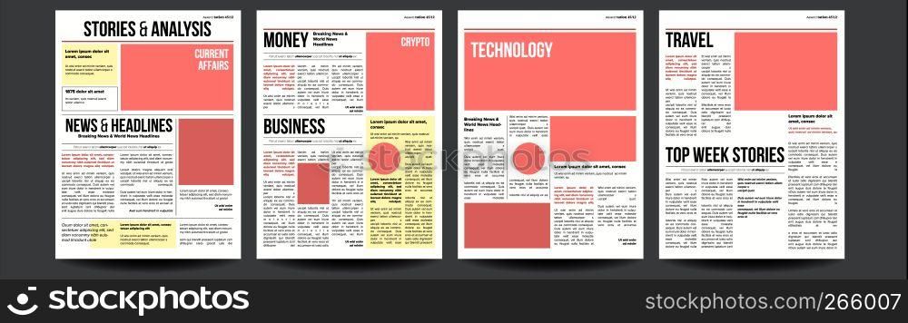 Newspaper Vector. With Headline, Images, News Page Articles. Newsprint, Reportage Information Press Layout Illustration. Newspaper Vector. Paper Tabloid Design. Daily Headline World Business Economy News And Technology. Illustration