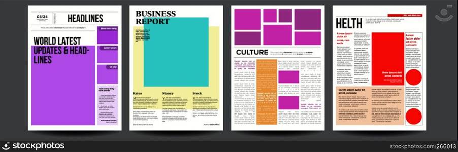 Newspaper Vector. With Text Article Column Design. Technology And Business News Article. Press Layout. Illustration. Newspaper Vector. With Headline, Images, News Page Articles. Newsprint, Reportage Information. Press Layout. Illustration