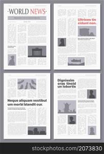 Newspaper. Wireframes front pages of brochures or paper magazine graphic design layout garish vector templates. Newspaper page paper, information headline front, press article illustration. Newspaper. Wireframes front pages of brochures or paper magazine graphic design layout garish vector templates