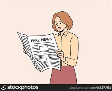Newspaper with fake news in hands of woman reading false information from reporters using propaganda techniques to intimidate readers. Girl with newspaper with fake news frightened opens mouth. Newspaper with fake news in hands of woman reading false information from reporters using propaganda