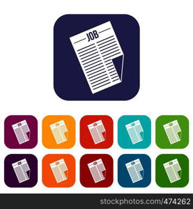 Newspaper with the headline Job icons set vector illustration in flat style In colors red, blue, green and other. Newspaper with the headline Job icons set