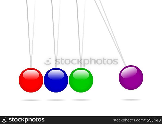Newton pendulum vector illustration isolated on white background. Colored spheres hanging.. Newton pendulum vector illustration isolated on white background.