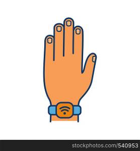 NFC bracelet color icon. Near field communication. RFID wristband. NFC smartwatch. Smart wristwatch. Contactless technology. Isolated vector illustration. NFC bracelet color icon
