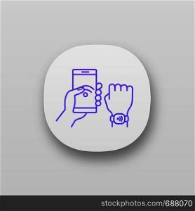 NFC bracelet connected to smartphone app icon. NFC phone synchronized with smartwatch. RFID wristband. UI/UX user interface. Web or mobile application. Vector isolated illustration. NFC bracelet connected to smartphone app icon