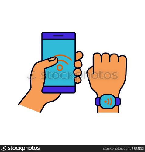 NFC bracelet connected to smartphone color icon. NFC phone synchronized with smartwatch. Near field communication.RFID wristband. Isolated vector illustration. NFC bracelet connected to smartphone color icon