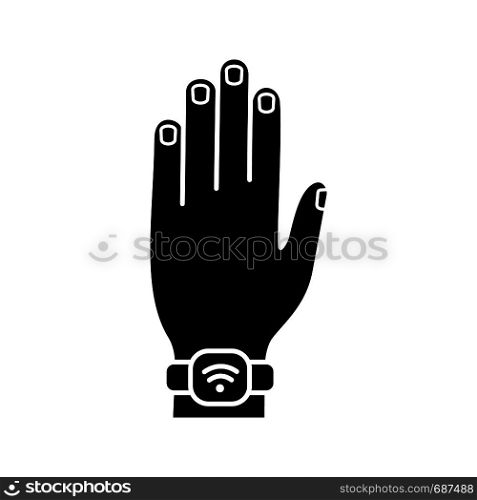 NFC bracelet glyph icon. Near field communication. RFID wristband. NFC smartwatch. Smart wristwatch. Contactless technology. Silhouette symbol. Negative space. Vector isolated illustration. NFC bracelet glyph icon