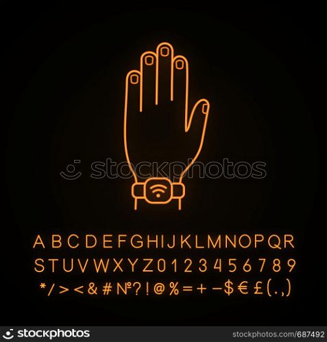 NFC bracelet neon light icon. Near field communication. RFID wristband. NFC smartwatch. Wristwatch. Contactless technology. Glowing sign with alphabet, numbers and symbols. Vector isolated illustration. NFC bracelet neon light icon