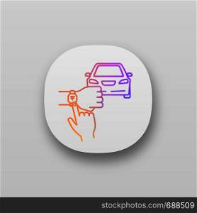 NFC car app icon. NFC bracelet auto key. UI/UX user interface. Smart automobile. Near field communication auto control. Web or mobile application. Vector isolated illustration. NFC car app icon