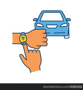NFC car color icon. NFC bracelet auto key. Smart automobile. Near field communication auto control. Isolated vector illustration. NFC car color icon