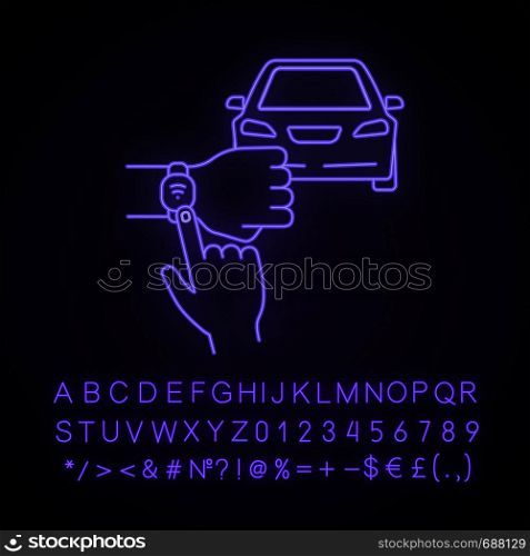 NFC car neon light icon. NFC bracelet auto key. Glowing sign with alphabet, numbers and symbols. Smart automobile. Near field communication auto control. Vector isolated illustration. NFC car neon light icon