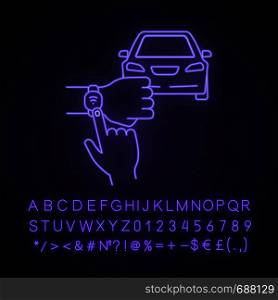 NFC car neon light icon. NFC bracelet auto key. Glowing sign with alphabet, numbers and symbols. Smart automobile. Near field communication auto control. Vector isolated illustration. NFC car neon light icon
