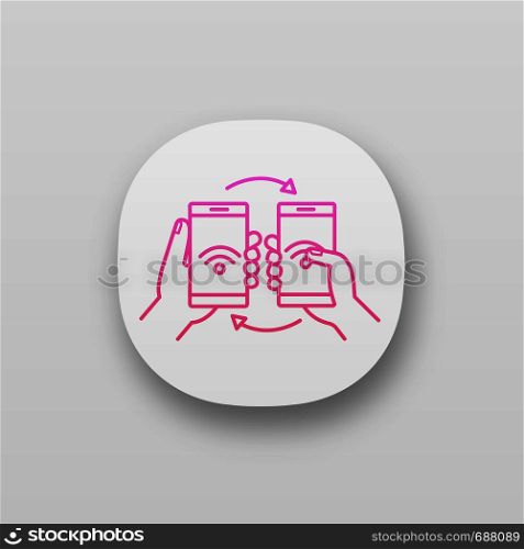 NFC data transfer app icon. Content sharing with smartphones. NFC files transfer. Near field communication. UI/UX user interface. Web or mobile application. Vector isolated illustration. NFC data transfer app icon
