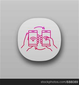 NFC data transfer app icon. Content sharing with smartphones. NFC files transfer. Near field communication. UI/UX user interface. Web or mobile application. Vector isolated illustration. NFC data transfer app icon