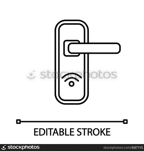 NFC door lock linear icon. Near field communication padlock. Thin line illustration. Contactless technology. Contour symbol. Vector isolated outline drawing. Editable stroke. NFC door lock linear icon