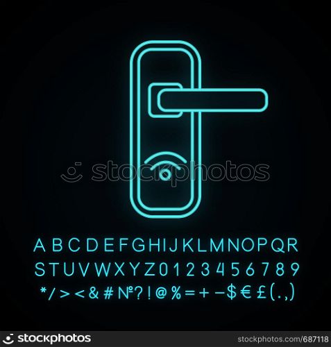 NFC door lock neon light icon. Near field communication padlock. Contactless technology. Glowing sign with alphabet, numbers and symbols. Vector isolated illustration. NFC door lock neon light icon